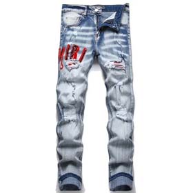 AMIRI new foreign trade style fashion blue ripped patch embroidery elastic mid-waist slim-fit men's jeans-2432  